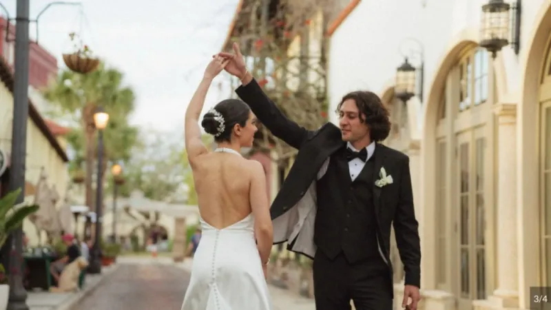 Couple dancing on the private gated patio at 9 Aviles wedding venue