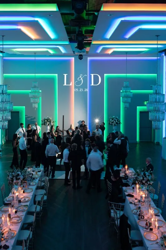 LED uplighting in The Clay Theatre ballroom for wedding reception - AE Entertainment DJ