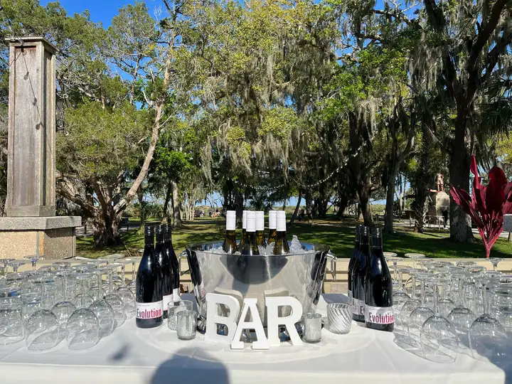An outdoor wedding bar set up by The Perfect Pour, with wine on ice and rows of glassware under moss-draped oaks
